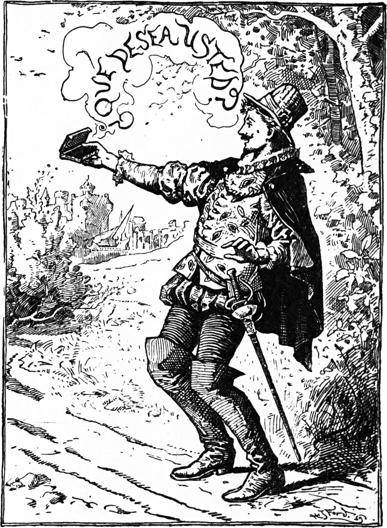 the young traveller halts in the road and holds out the open snuff-box, whose smoke curls up into the words "¿QUE DESEA USTED?"