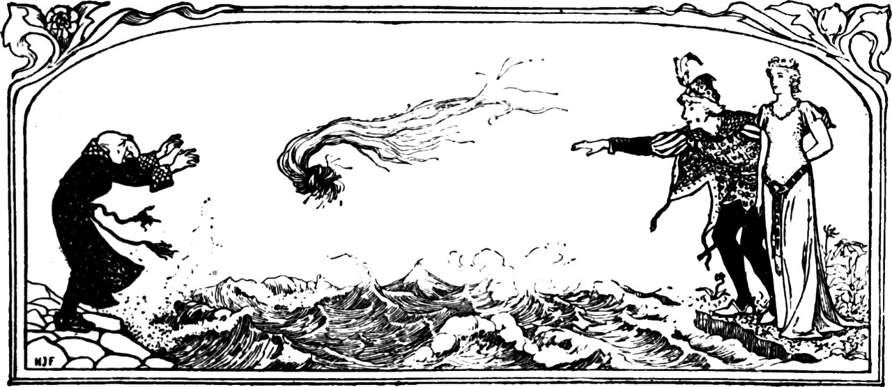 the flute-player throws the beard back across the roaring river to the beardless dwarf, the Princess standing beside him