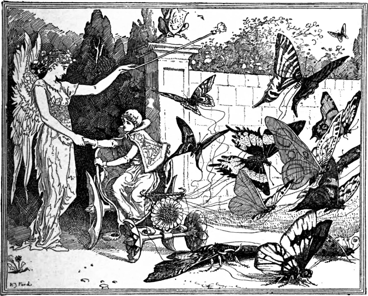the Flower Fairy, her wand raised over the butterfly team, takes the hand of the Princess Sylvia seated in her flower chariot