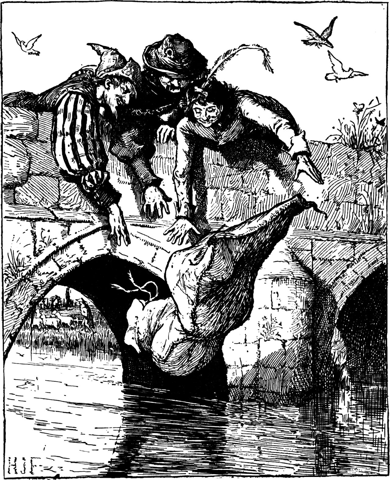 Three men in hats lean over the parapet of a stone bridge, hands flat on the coping, tipping a large sack knotted at its neck over the edge toward the water; birds fly in the sky beyond them and the river runs below the arches.