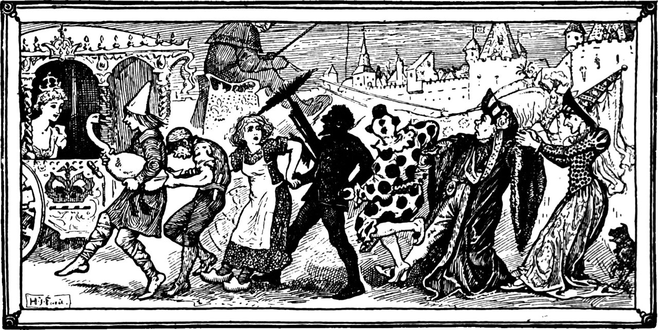 Peter carries the swan under his arm past the Princess's carriage, with the young workman, the washing girl, the chimney sweep, the clown, the Mayor and the Mayoress held fast in a train behind him