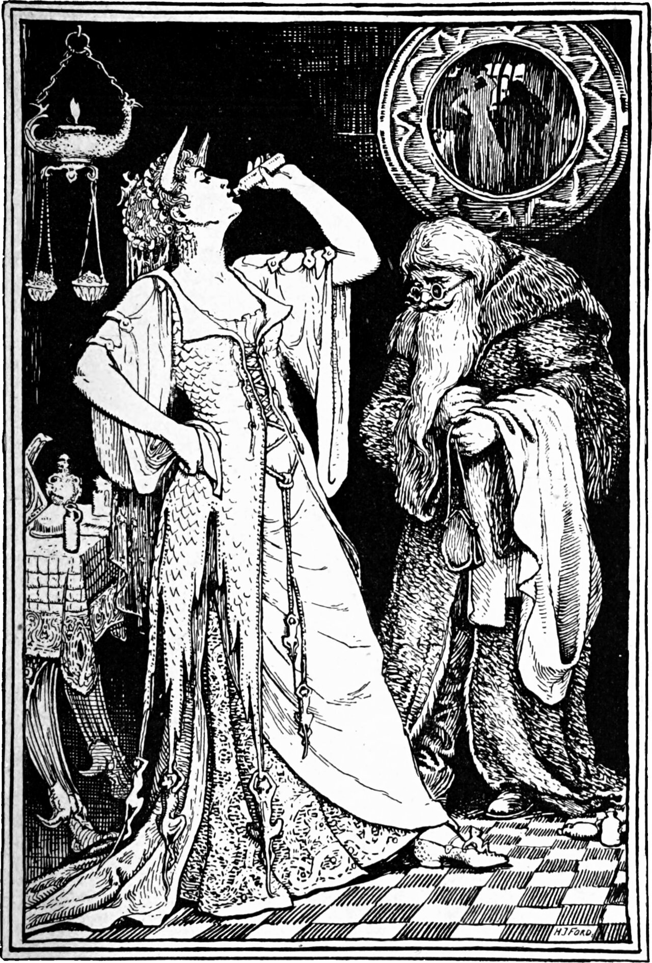 A young woman with two horns curling from her brow tips her head back to drain a small phial, one hand on her hip, in a long gown of scale-work and trailing cords. An old man in a fur-collared robe and round spectacles watches beside her, a cloth over his arm. A hanging lamp burns at the left, a round window above, and the floor is chequered tile