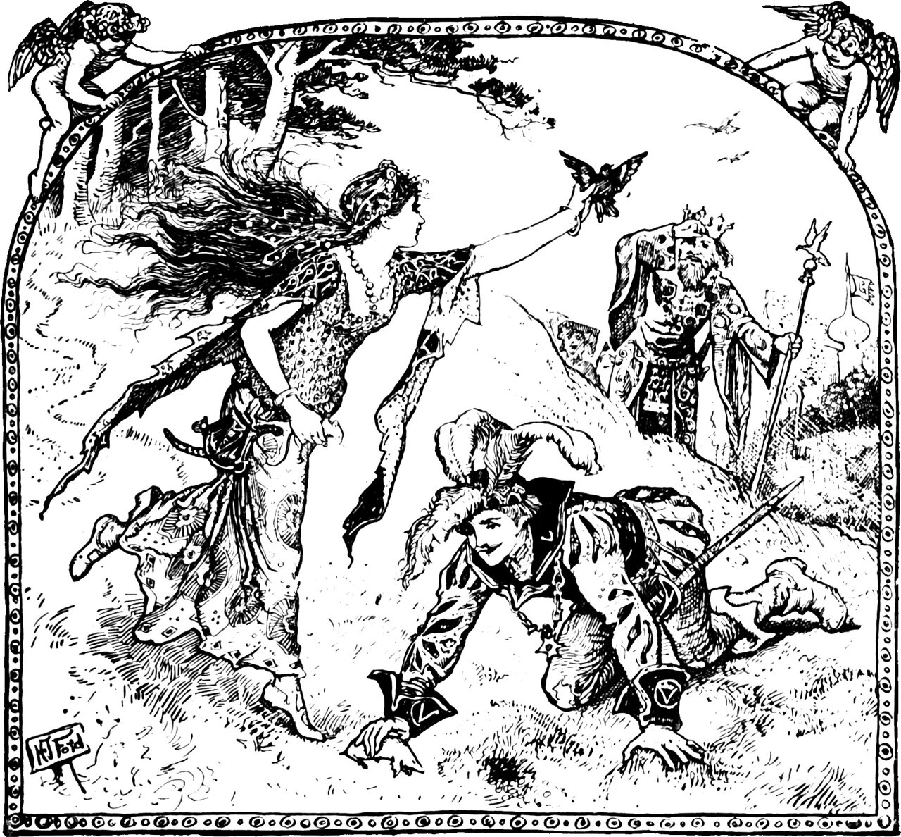 the Princess Placida runs with her hair streaming, holding up the chaffinch she has caught, while Prince Vivien crawls on hands and knees through the grass and King Gridelin comes over the rise behind them