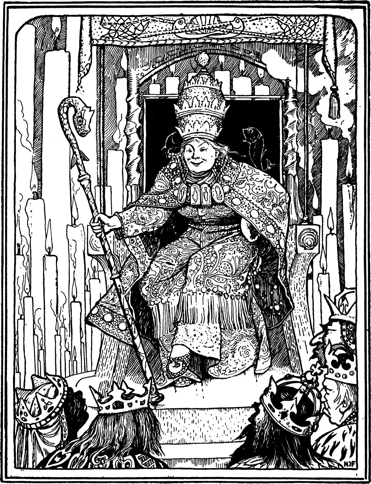 the fisherman's wife sits enthroned as pope in the triple tiara, a fish-headed crozier in her hand and candles banked behind her, while crowned emperors and kings kneel at the foot of her steps