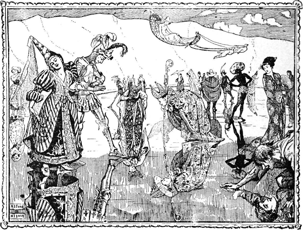 the pilgrims stand on the magic mirror, each doubled by his own reflection, while Fiordelisa is floated overhead in the shell chariot drawn by two doves