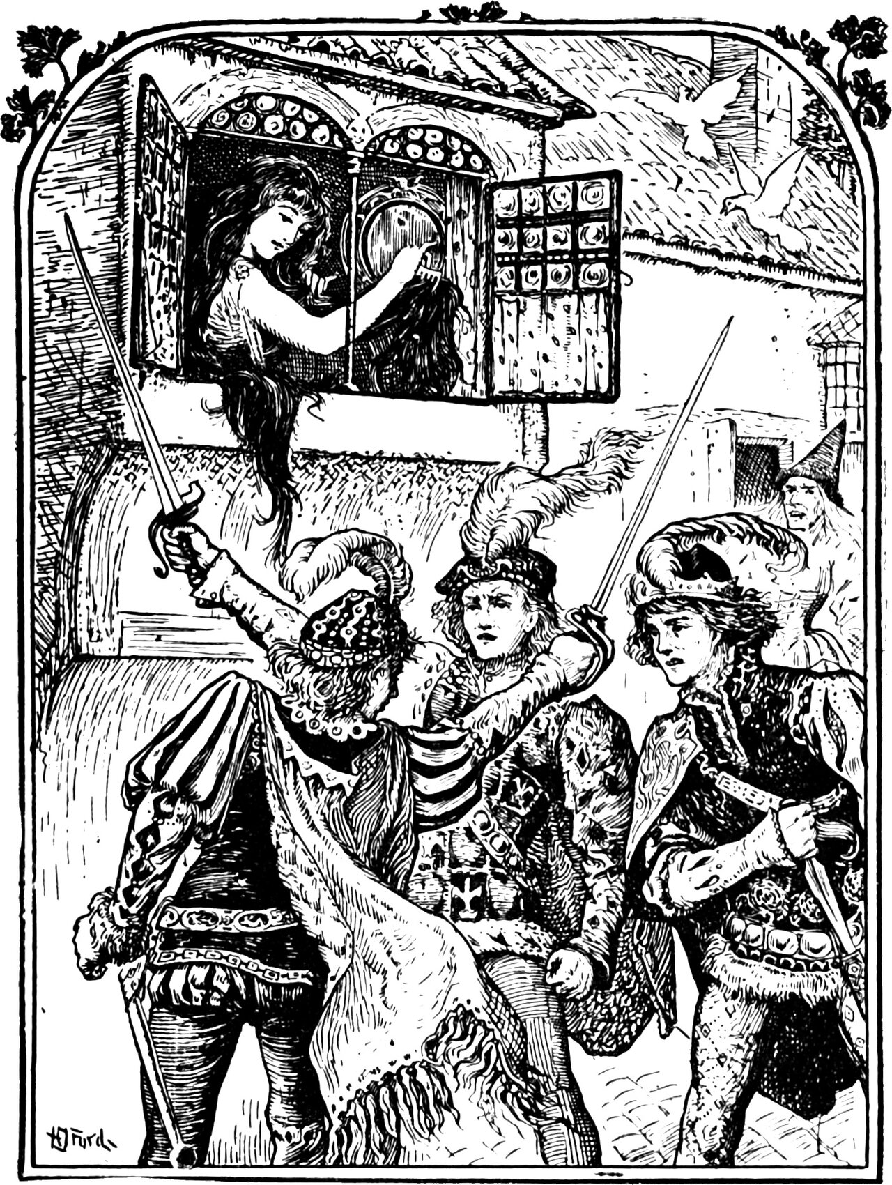 the three Princes stand in the street with their swords out, two blades raised and the third's hands still on his hilt, below the open casement where Parsley combs her long black hair, an old woman in a tall pointed hat behind them with her mouth open