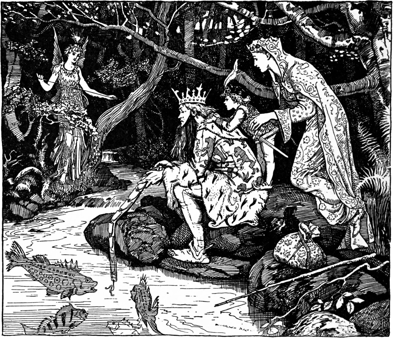 the Fairy of the Beech-Woods levels her wand across the stream where the King sits fishing, the Queen and the little Prince Featherhead beside him