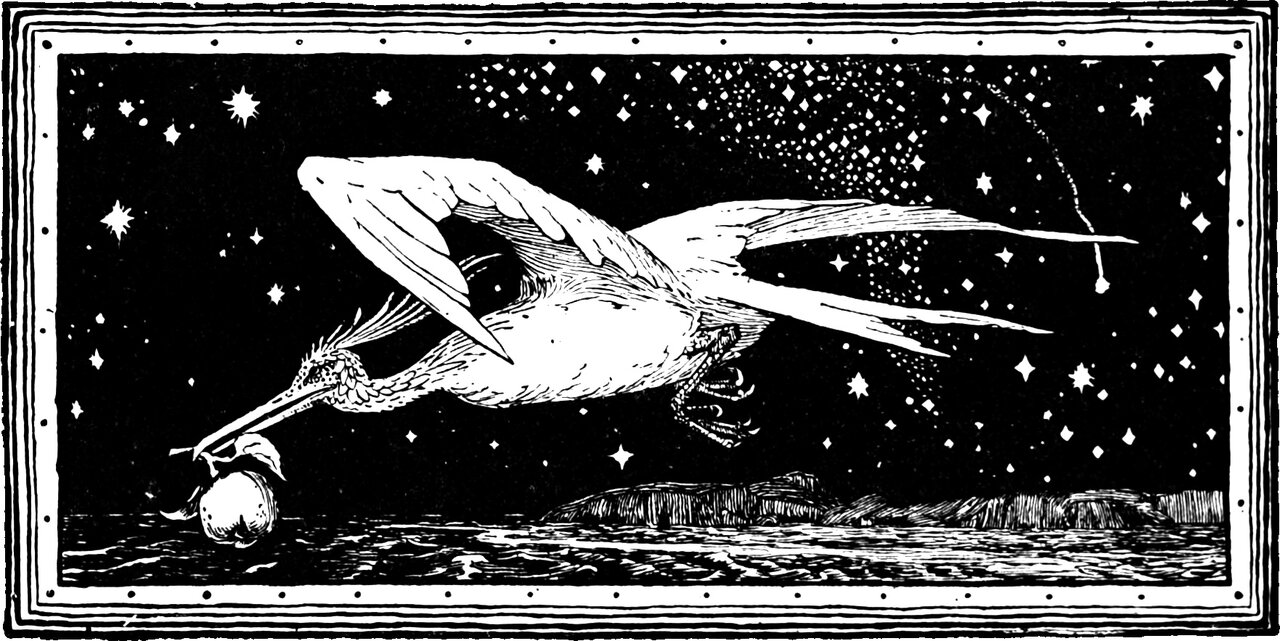 the golden bird flies low over the sea by starlight with a stolen apple carried by its leafy stalk in its long bill