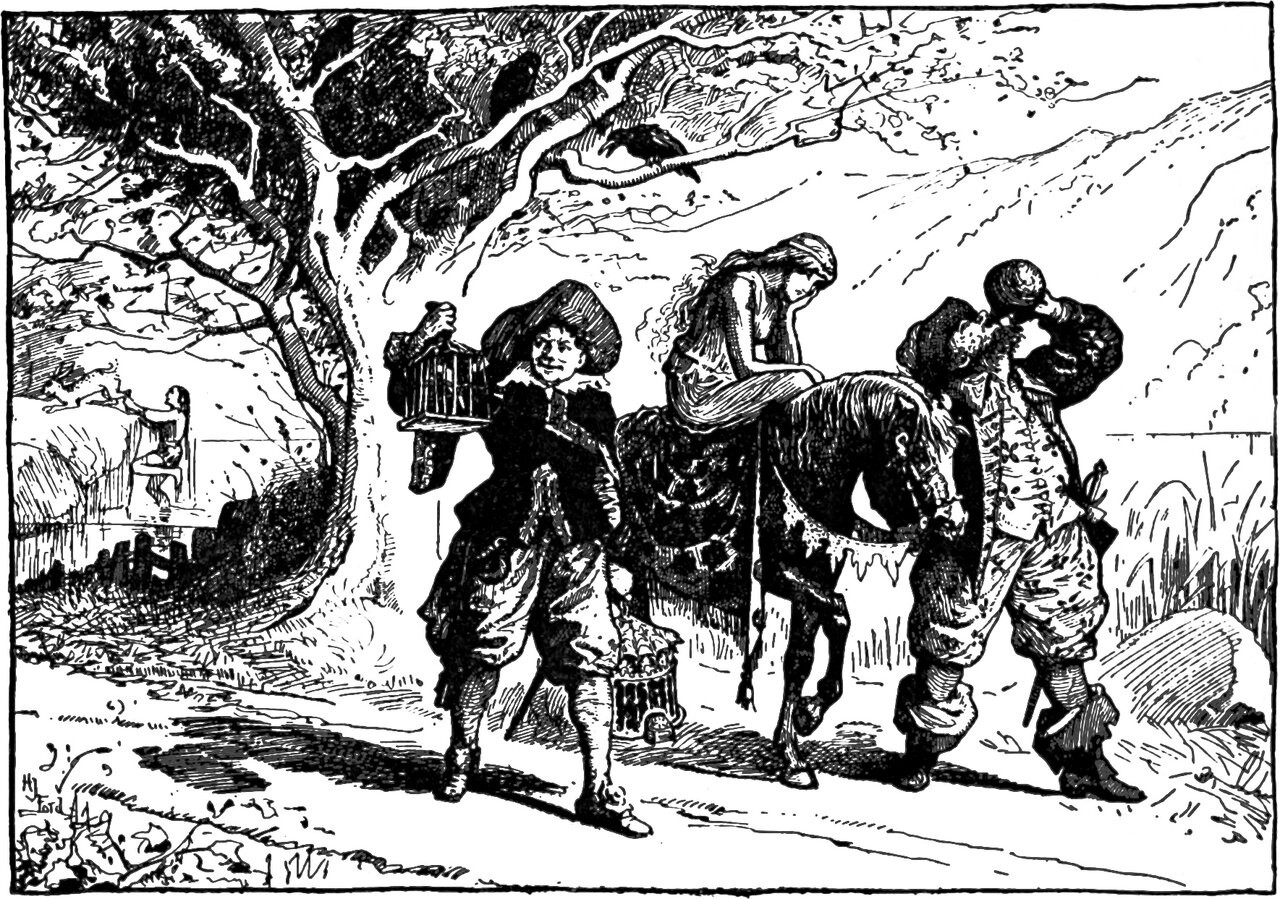 the youngest son carries the old cage aloft in one hand and the golden cage at his side, the Porcelain Maiden riding behind him on her little horse while his two brothers follow, one of them tipping a flask to his mouth