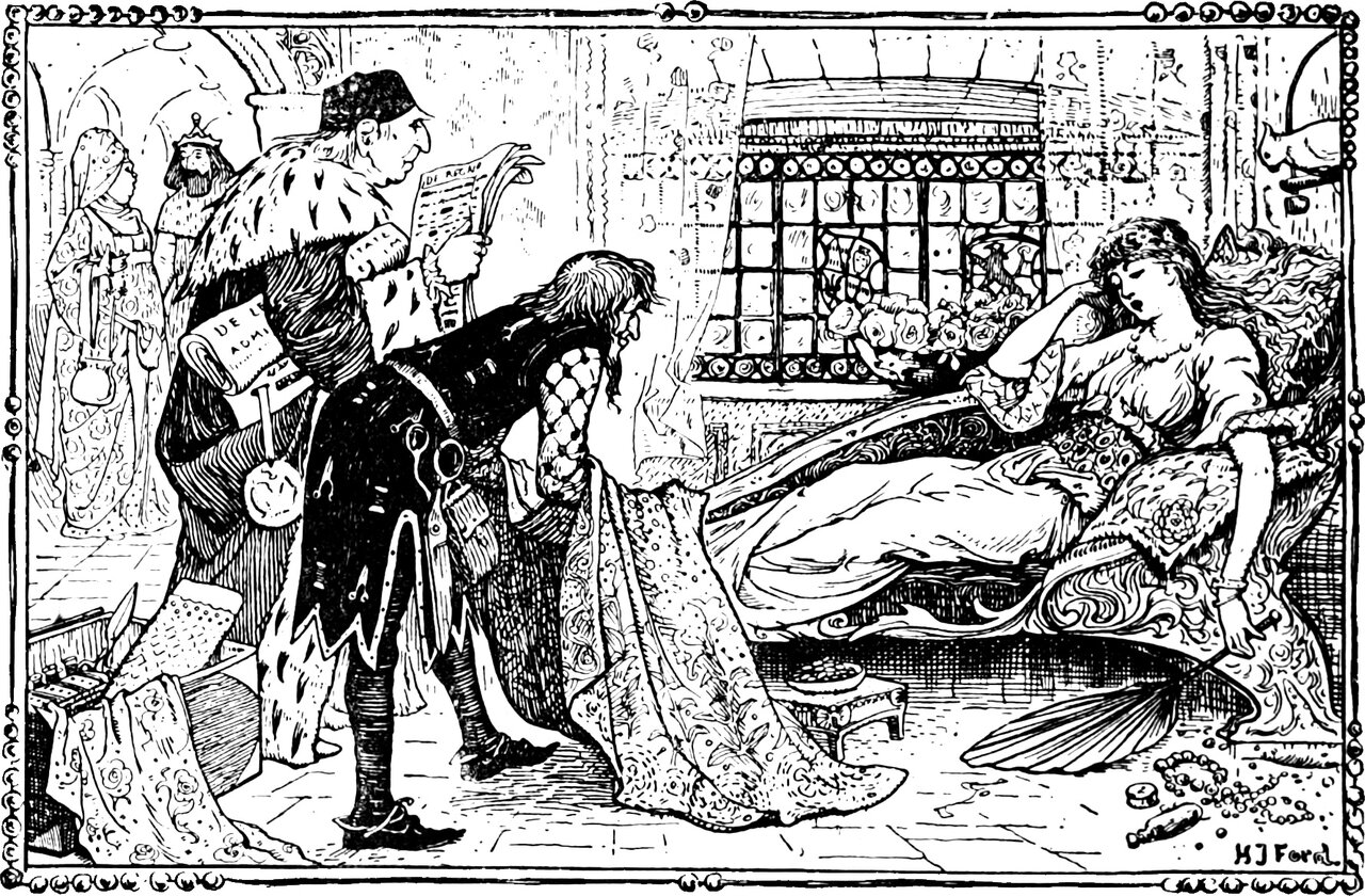 the Princess Placida yawns on her couch, her head on her hand and her pearls slipping to the floor, while a fur-robed councillor reads the affairs of the kingdom aloud to her and King Gridelin watches from the doorway