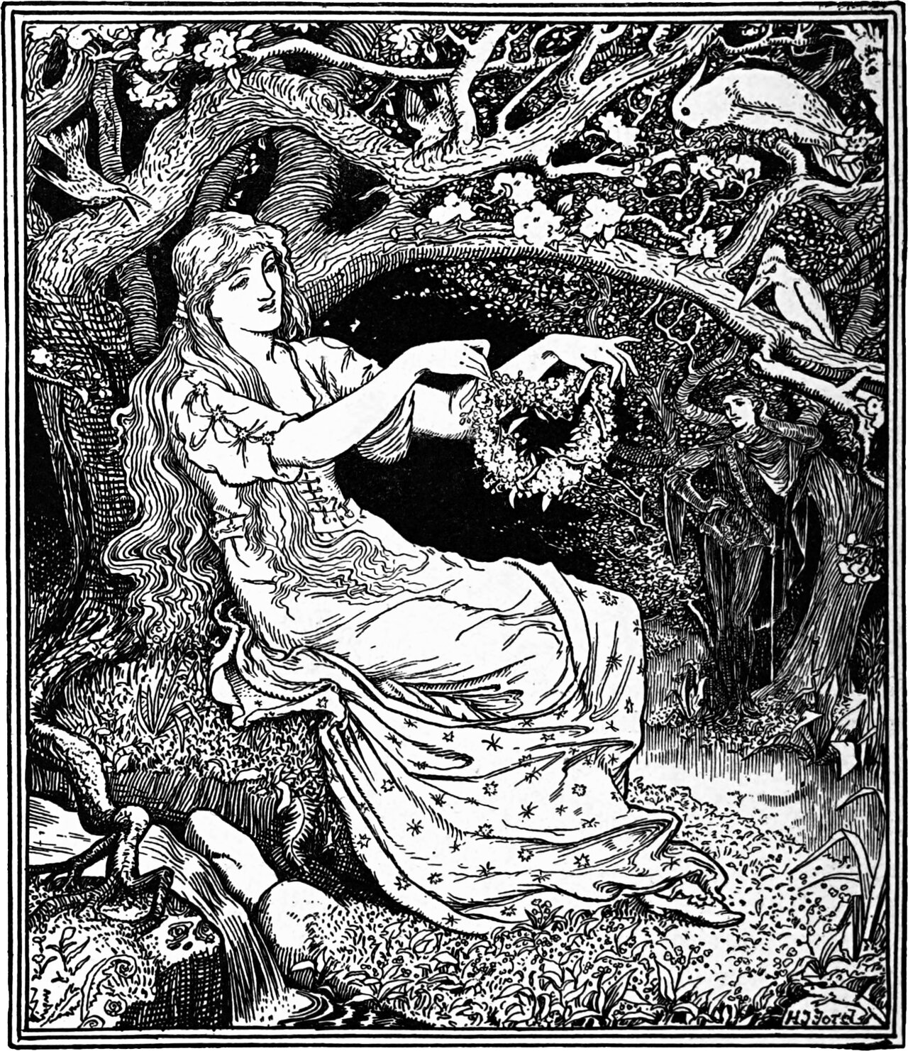 the Princess Potentilla sits under the blossoming boughs weaving a garland of flowers while Prince Narcissus watches her from behind a tree