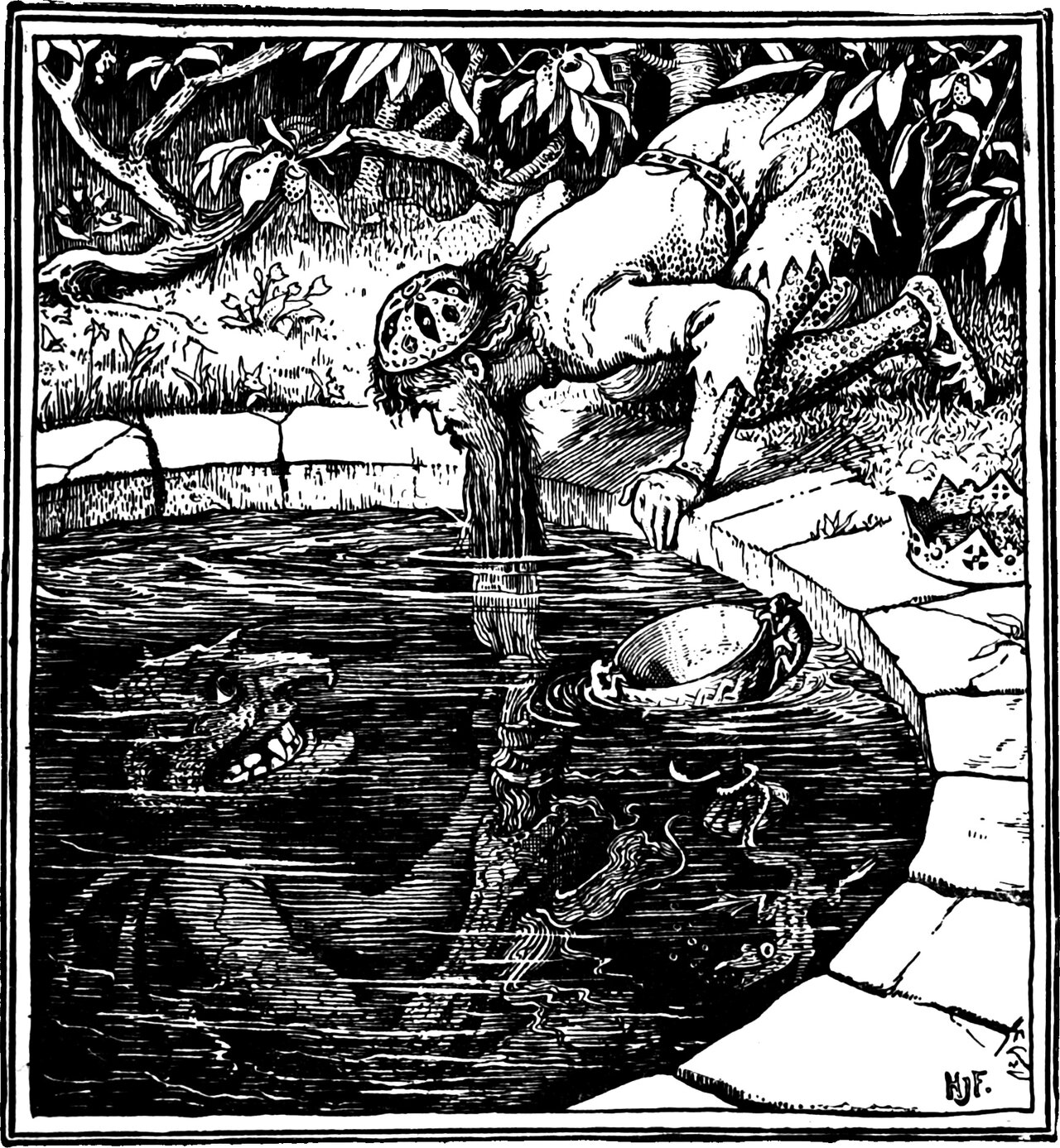 King Kojata leans over the well with his beard streaming into the water, where a clawed hand grips it and a scaled, sharp-toothed face glares up from the depths, his crown lying on the stone coping and the golden jug afloat beside him