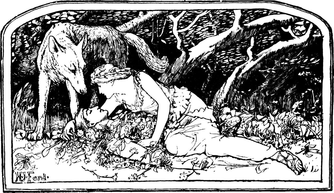 the golden mermaid stoops to kiss the Prince where he lies buried in leaves and flowers, the wolf standing over them with its head lowered