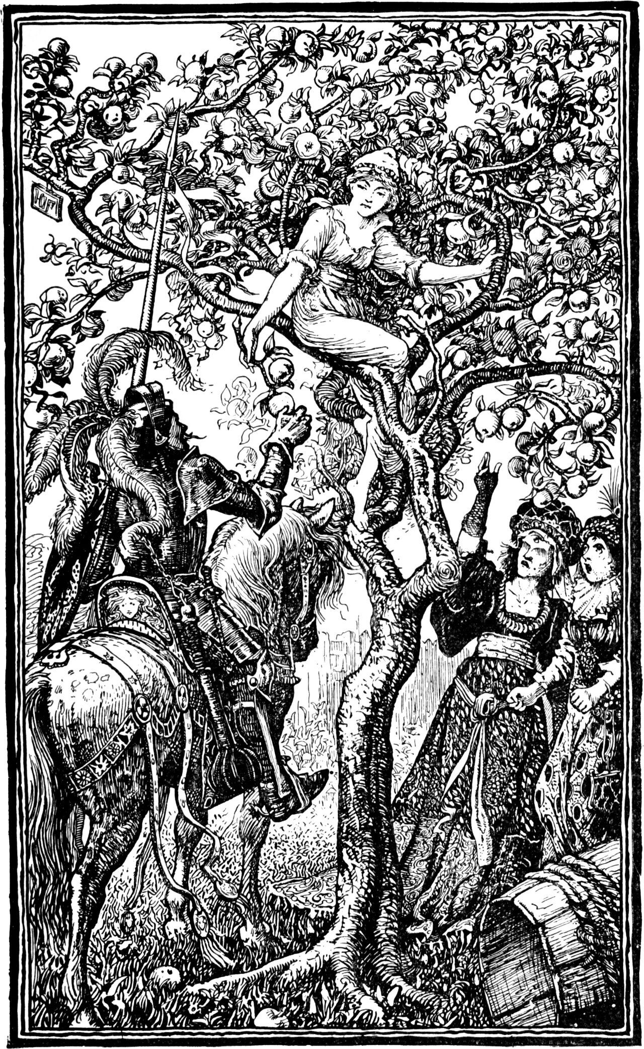 A girl sits high in the branches of an apple tree heavy with fruit and lowers a twig bearing two apples to an armoured knight below, who rises toward her from the saddle and closes his gauntlet on the fruit, his lance upright behind him; on the other side of the trunk two women in patterned gowns stare up open-mouthed, the nearer one with her arm flung up toward the fruit, and an empty cask lies on its side in the grass at the lower right.