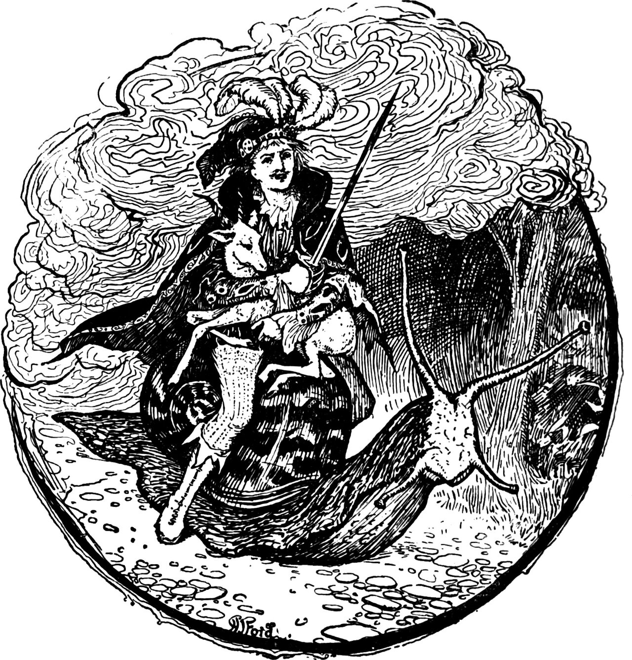 Prince Vivien rides the huge snail with his sword held upright and the gazelle gathered in his arm