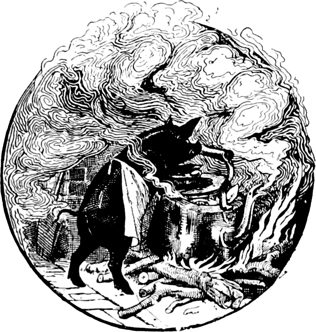 Blacky, in a white apron, stands at his hearth with his head over the great kettle boiling on the blazing fire, logs and firewood at his feet