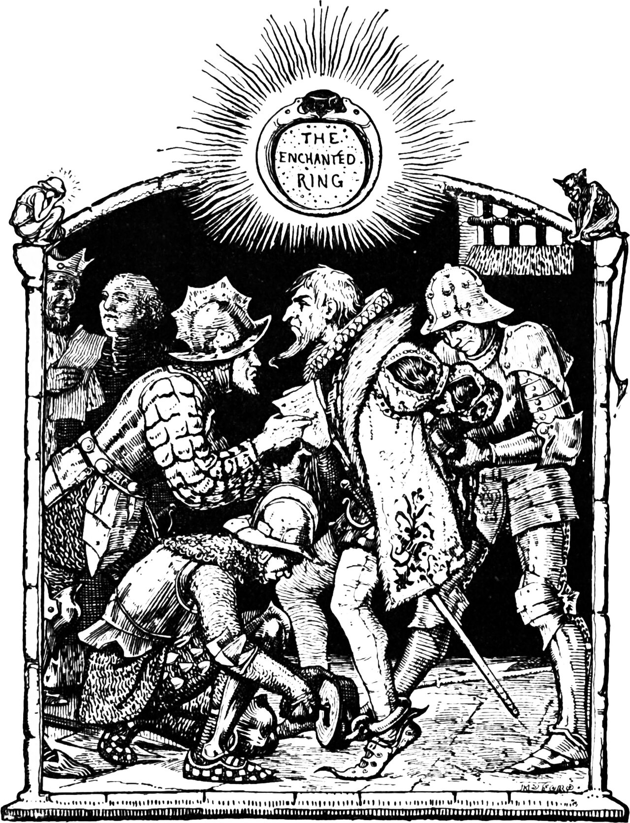 men-at-arms seize Bramintho and take the paper from his hand, beneath the enchanted ring blazing like a sun with the story's title lettered inside its hoop