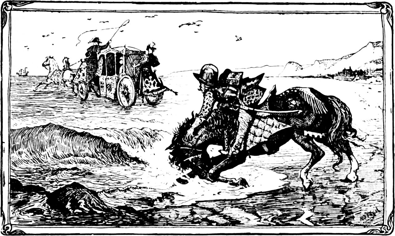 the little soldier's horse founders on the wet sand while Ludovine's golden coach rolls away over the sea