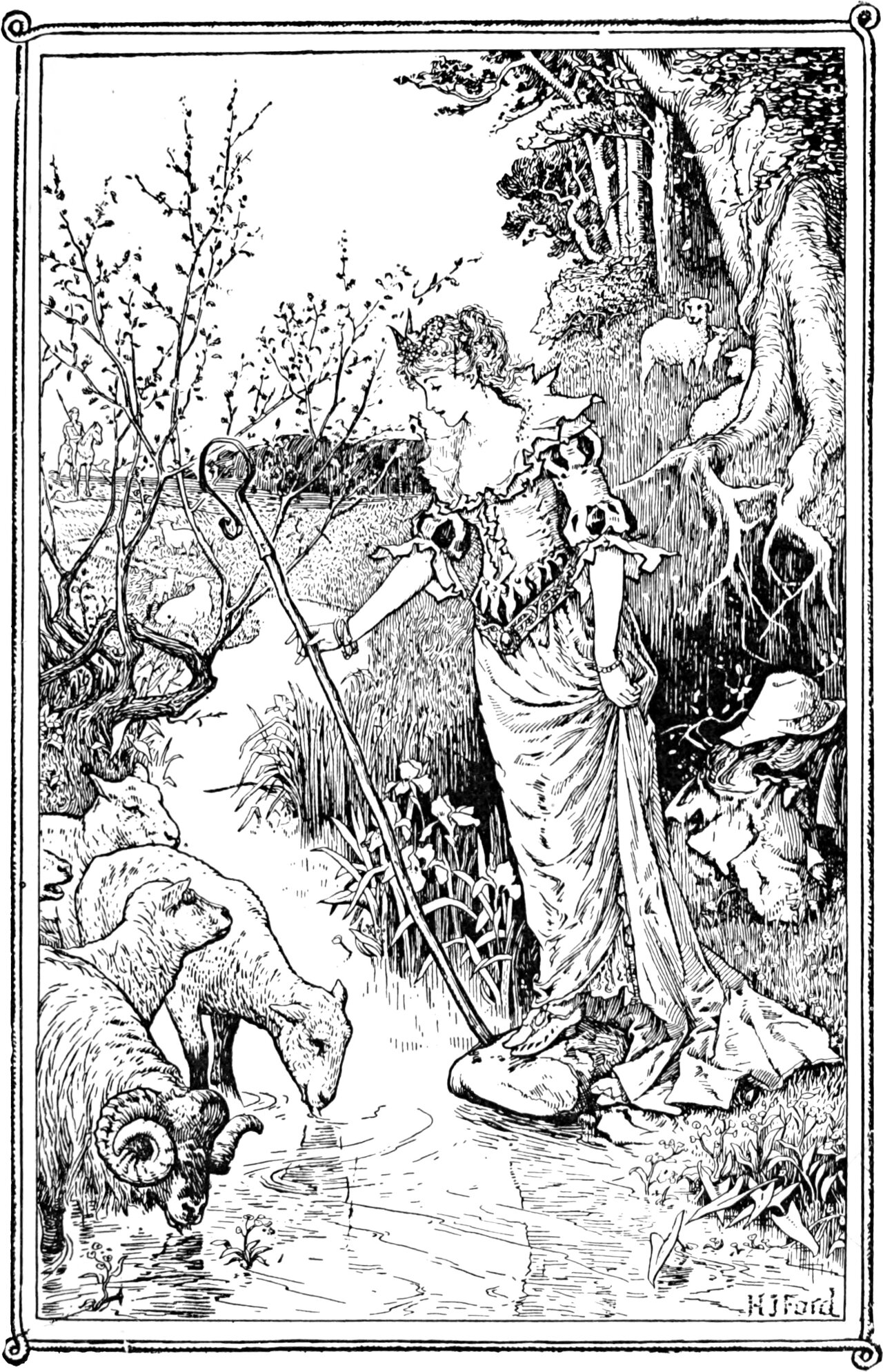 A young woman in a long gown and a jewelled coronet stands at the edge of a stream, one hand on a tall shepherd's crook whose foot rests in the water; sheep crowd the near bank at the left, one drinking with its muzzle in the stream beside a horned ram, and a ewe and lamb stand among the tree roots behind. A broad-brimmed hat and a bundle of clothing hang from the branches of the big tree at her shoulder, with more cloth heaped at its foot, and a small mounted figure halts in the distance at the far left. Signed H. J. Ford, within a ruled border.