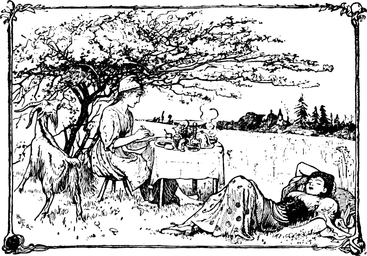A girl sits on a low stool at the foot of a spreading tree, eating from a bowl at a small cloth-laid table standing in the open grass, set with a covered dish, a flagon, a goblet and a steaming pot; a horned, bearded goat stands loose in the grass at the tree beside her, and to the right a second girl lies asleep on the ground, one arm behind her head and a spotted cloak over her. A village spire and fir trees close the far horizon.