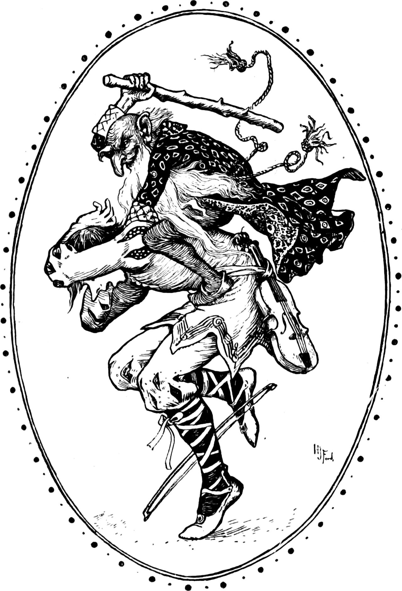 the little grey dwarf rides on the fiddler's back and beats him with a cudgel