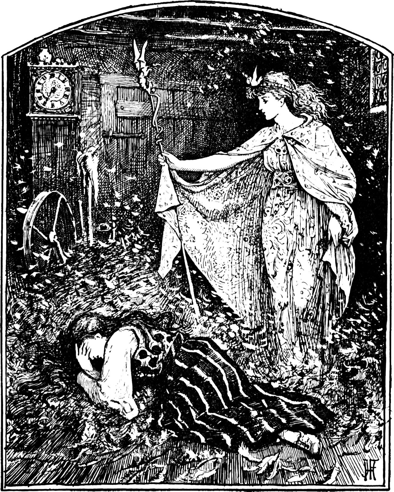 the Fairy stands over Helena, who lies asleep on the cottage floor, a tall slender staff and a lifted fold of her mantle in one hand, while loose feathers drift through the air and lie heaped across the boards