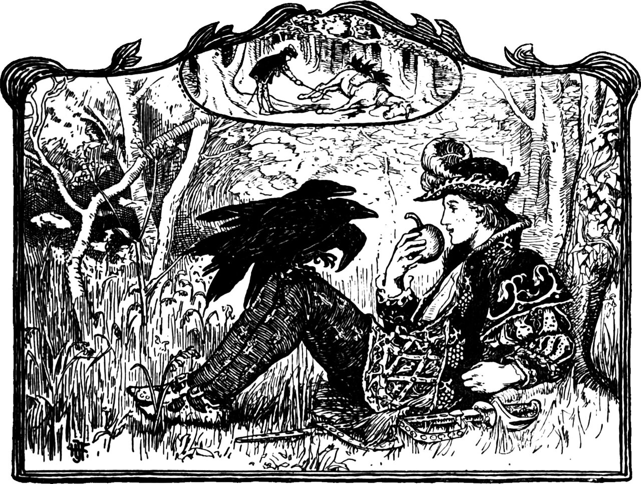 the ravens perch on the young man's knee in the wood as he holds up the golden apple