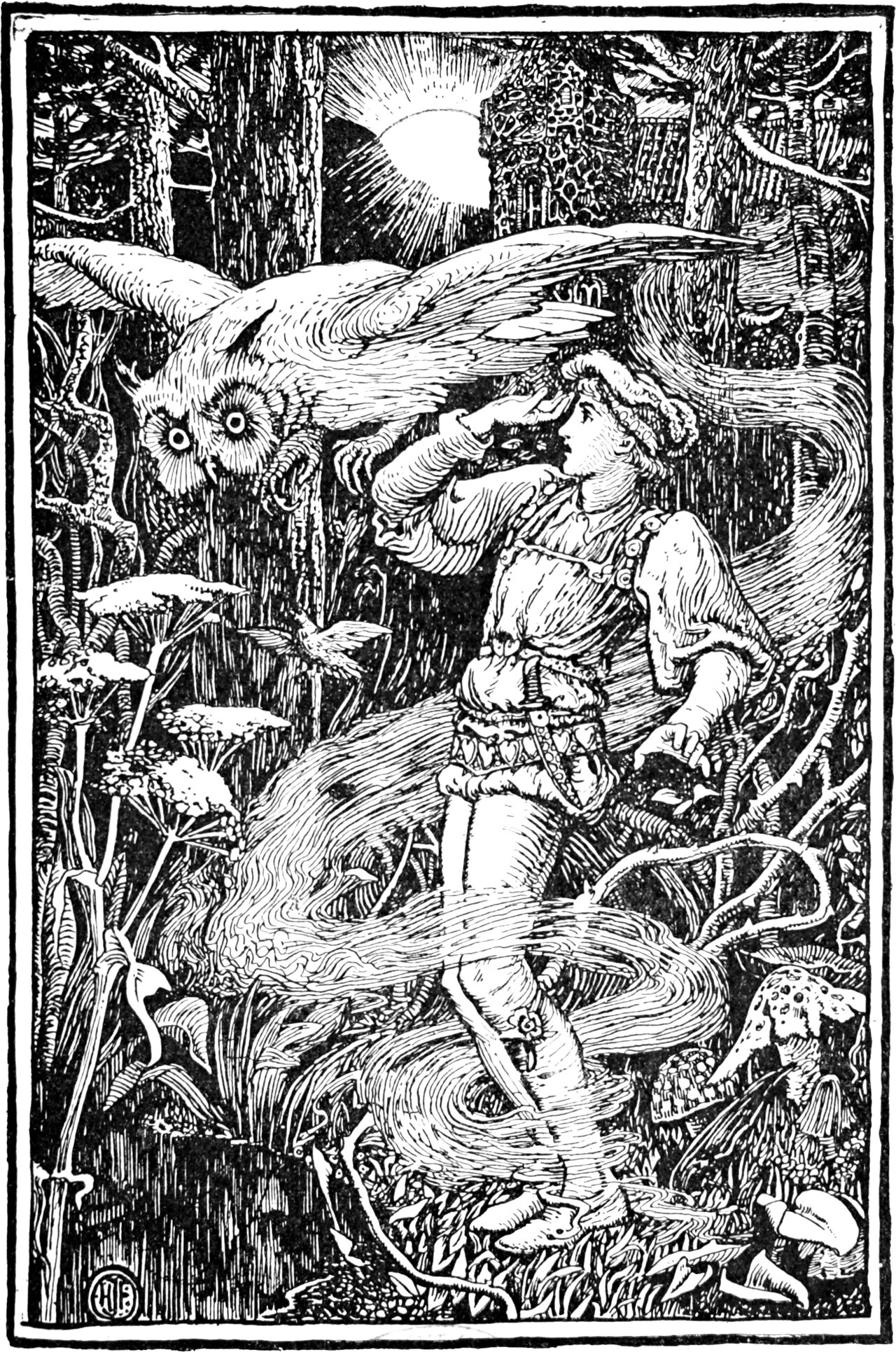 the night-owl swoops over Jorinde, changed into a nightingale, while Joringel stands rooted to the spot before the enchantress's castle