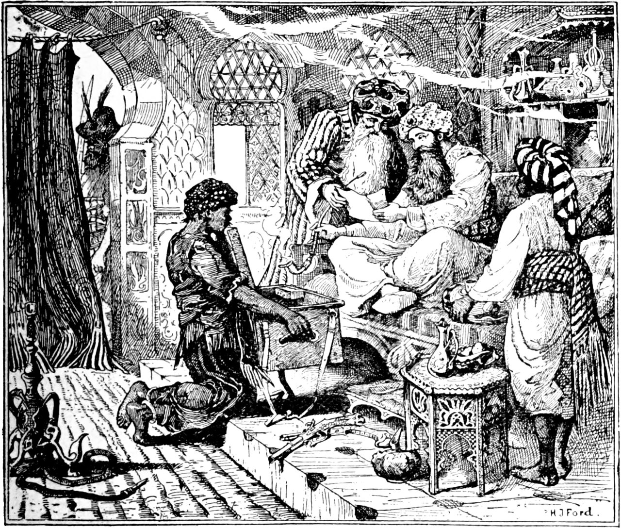 the ragged pedlar kneels with his open box of wares while Caliph Chasid, on his divan with his long pipe, studies the strange scroll and the Grand Vizier Mansor leans in at his shoulder