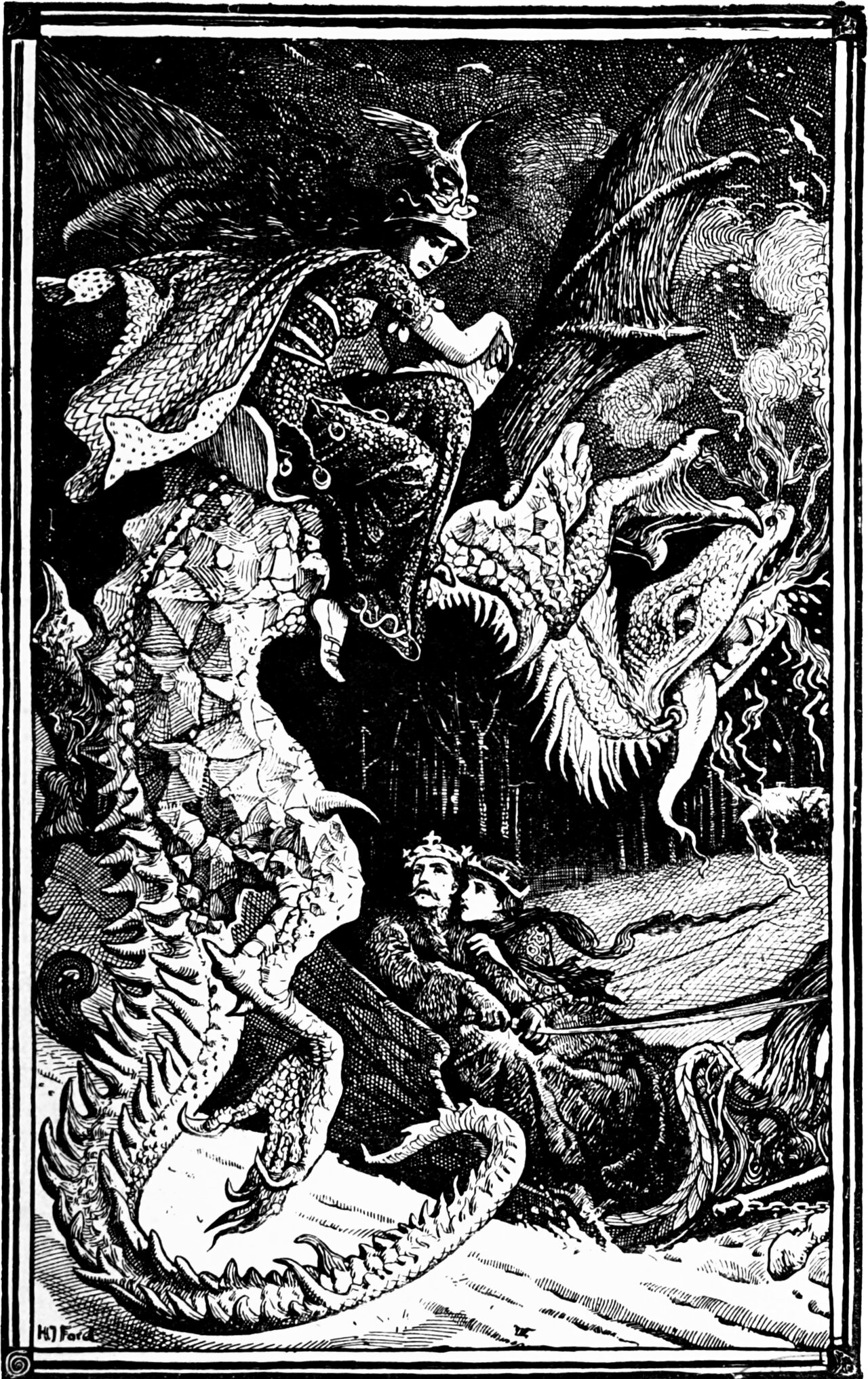 A woman in a winged helmet and a long scaled cloak rides high on the neck of a great dragon, its spined back sweeping down to the left and its gaping head thrown out across the right of the frame. Below them a crowned king and a crowned young woman sit in a sledge on the snow, dark trees and smoke behind