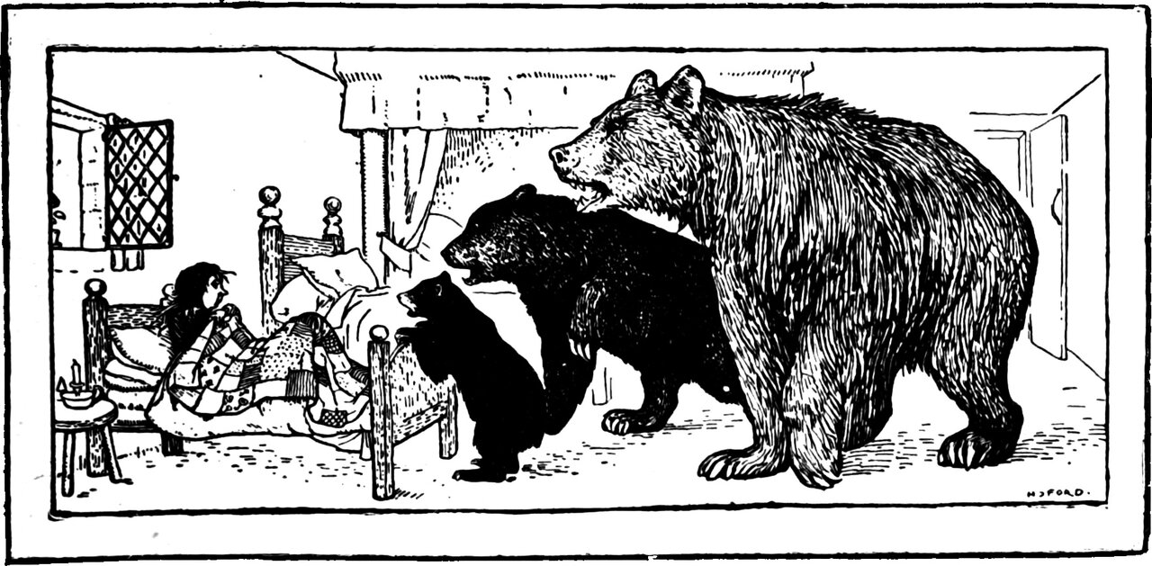 the little old woman starts up in the Little, Small, Wee Bear's bed as the three bears stand over her