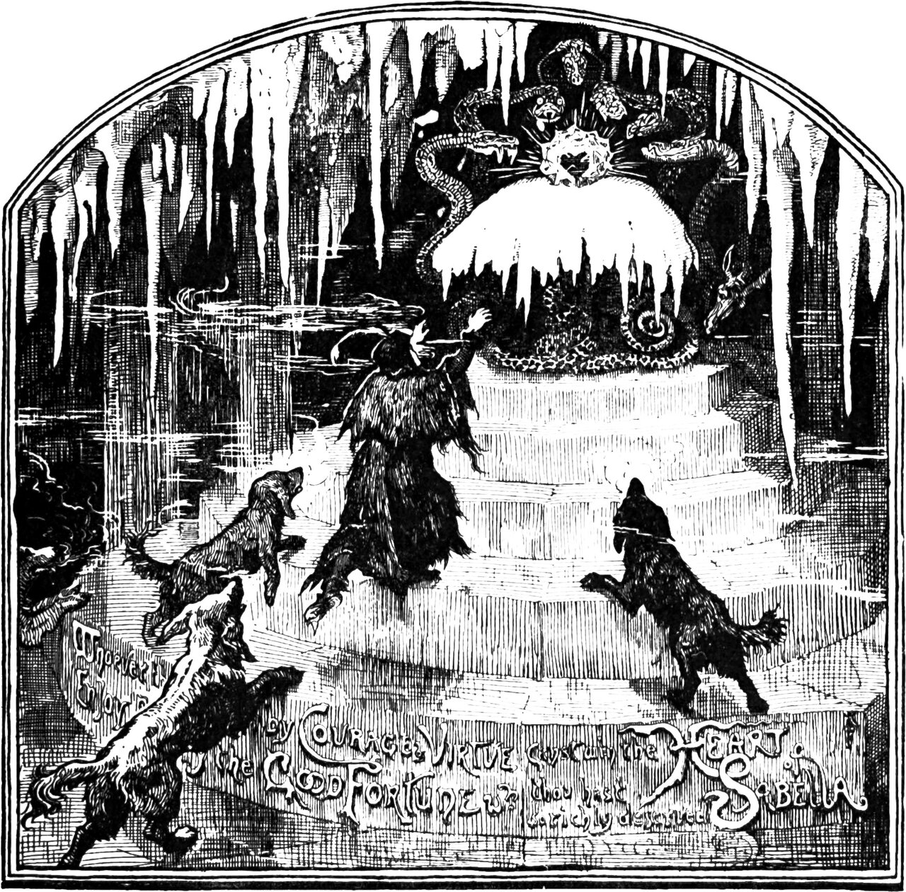 Prince Mannikin, wrapped in the marten fur cloak, springs up the steps of the ice throne towards the great diamond, his spaniels bounding after him