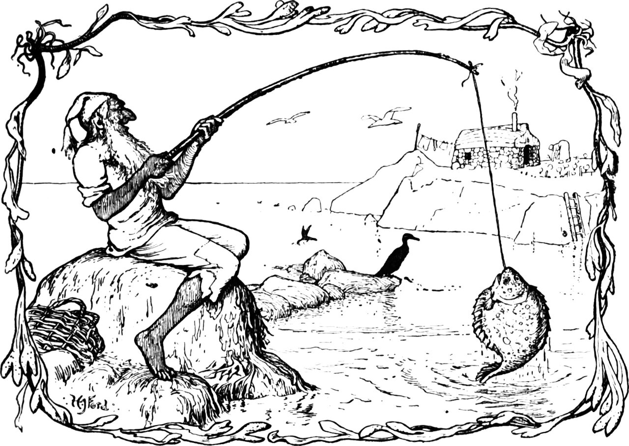 the fisherman sits on his rock and swings the enchanted flounder up on his bending line, his creel beside him and his hut on the cliff behind