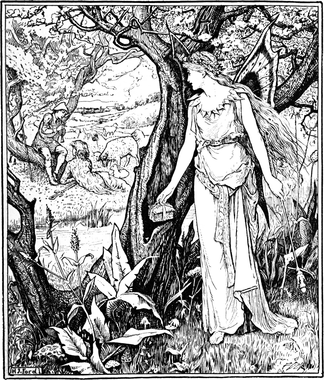 the Fairy of the Meadows stands unseen behind a tree, a small tied-up parcel in her hand, watching Sylvain pipe and Jocosa rest among their sheep