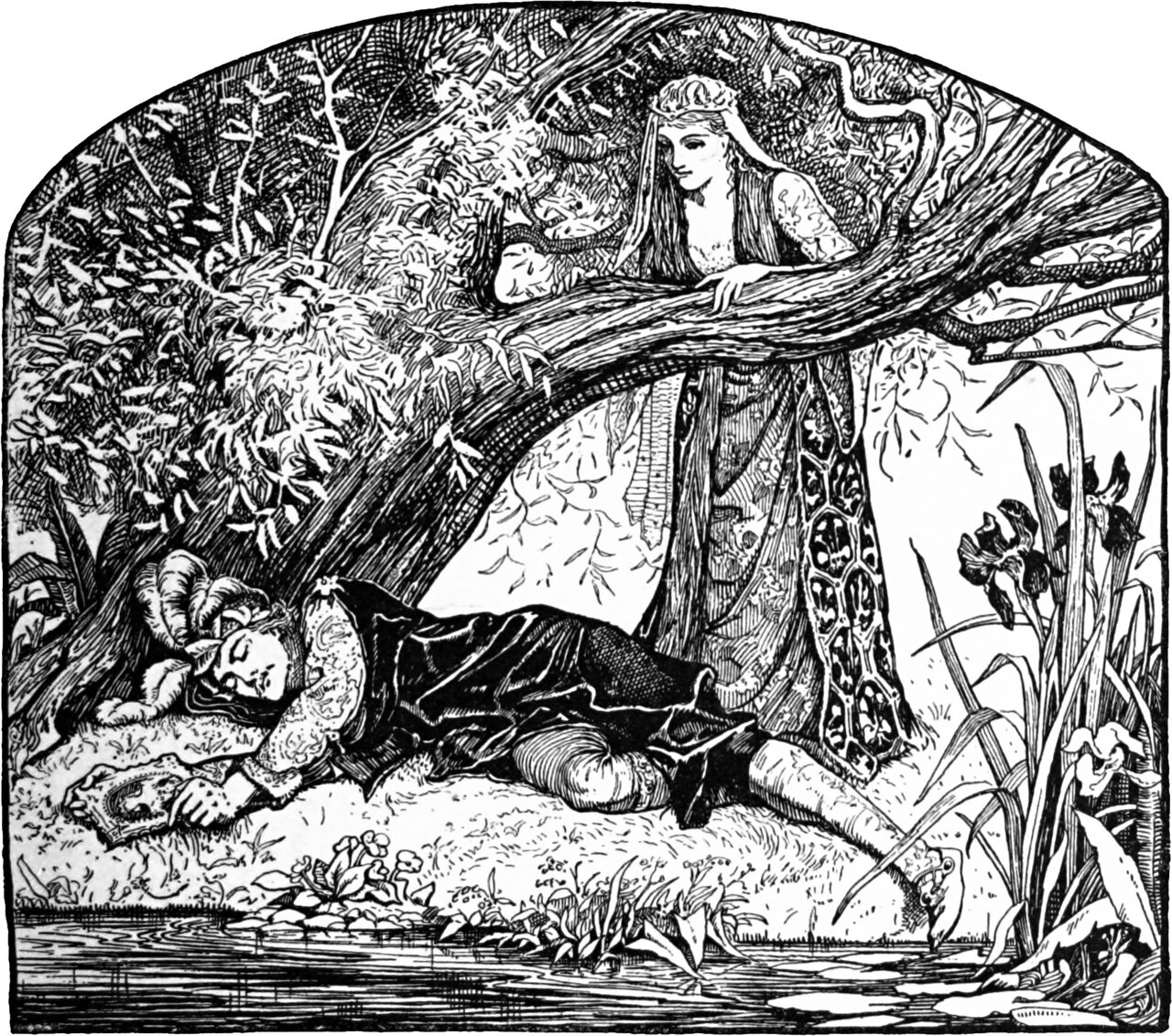the Princess Celandine leans over the bough of a riverside tree to gaze down at Prince Featherhead asleep on the bank below her, a small framed portrait lying under his hand