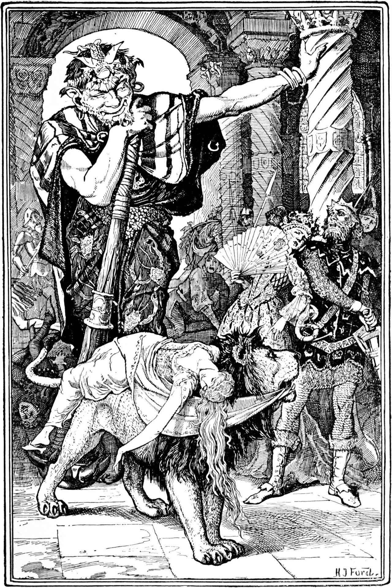 A great lion pads forward carrying a woman slung across its back, her gown trailing and her long hair falling nearly to the flagstones. Behind it a giant in a spiked crown blows a long banded horn, a club raised in his other fist. At the right a crowned king and a lady with an open fan watch from among courtiers