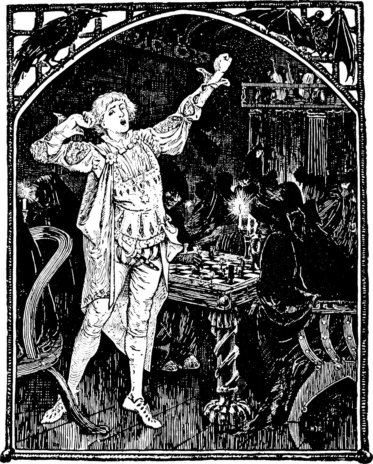 Prince Vivien yawns and flings both arms up in a stretch while the hooded slaves of the Black Castle sit playing chess by candlelight