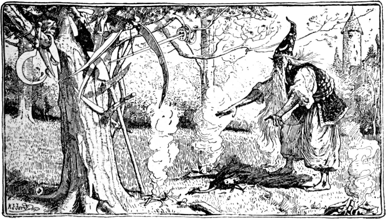 the Enchanter reaches out his hands over the wounded Blue Bird lying in the grass, below the tree hung with swords, shears and sickles