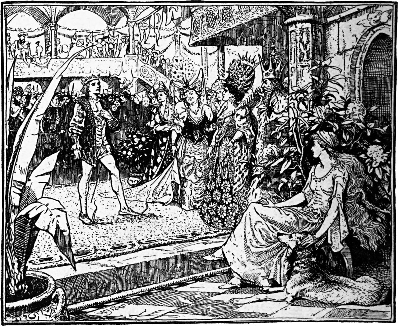 King Charming turns his head towards Fiordelisa, who sits apart among the flowering plants in her plain white frock, while the crowned Queen and her gorgeously dressed ladies stand between them