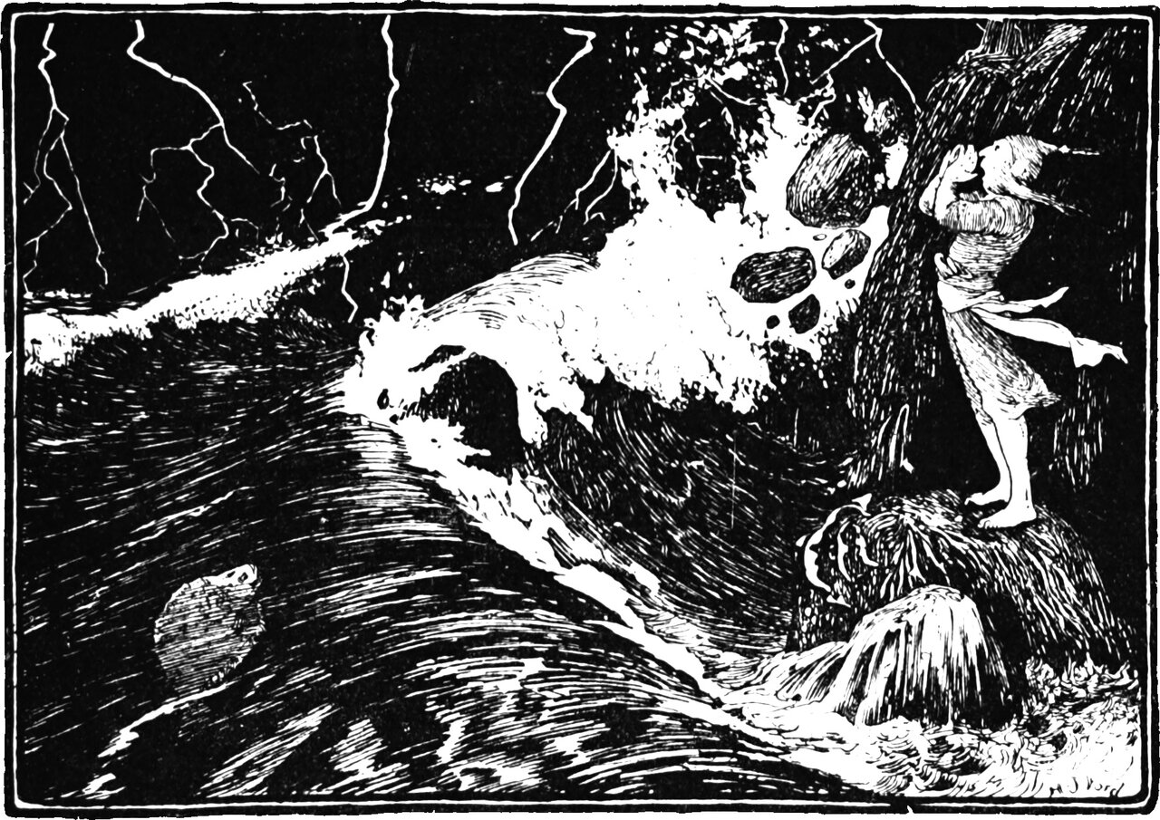 the fisherman stands on the rocks in the black storm, hands to his mouth, shouting to the flounder that rises in the breaking waves below him