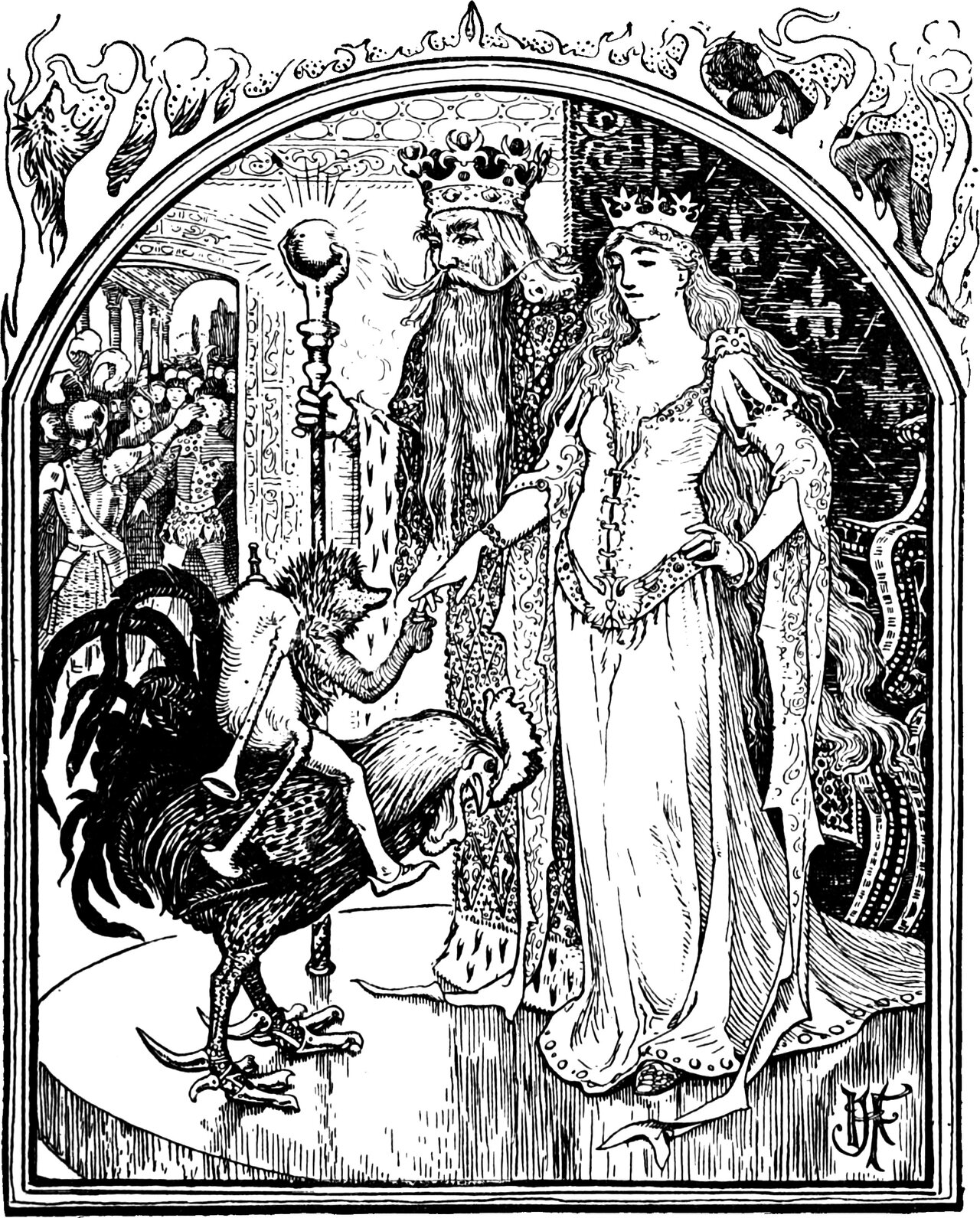 Jack my Hedgehog, astride his cock and carrying his bagpipe, reaches up to take the hand of a crowned, white-bearded King holding an orb-topped sceptre, while a crowned young woman stands beside the King looking down at him and courtiers watch from the left