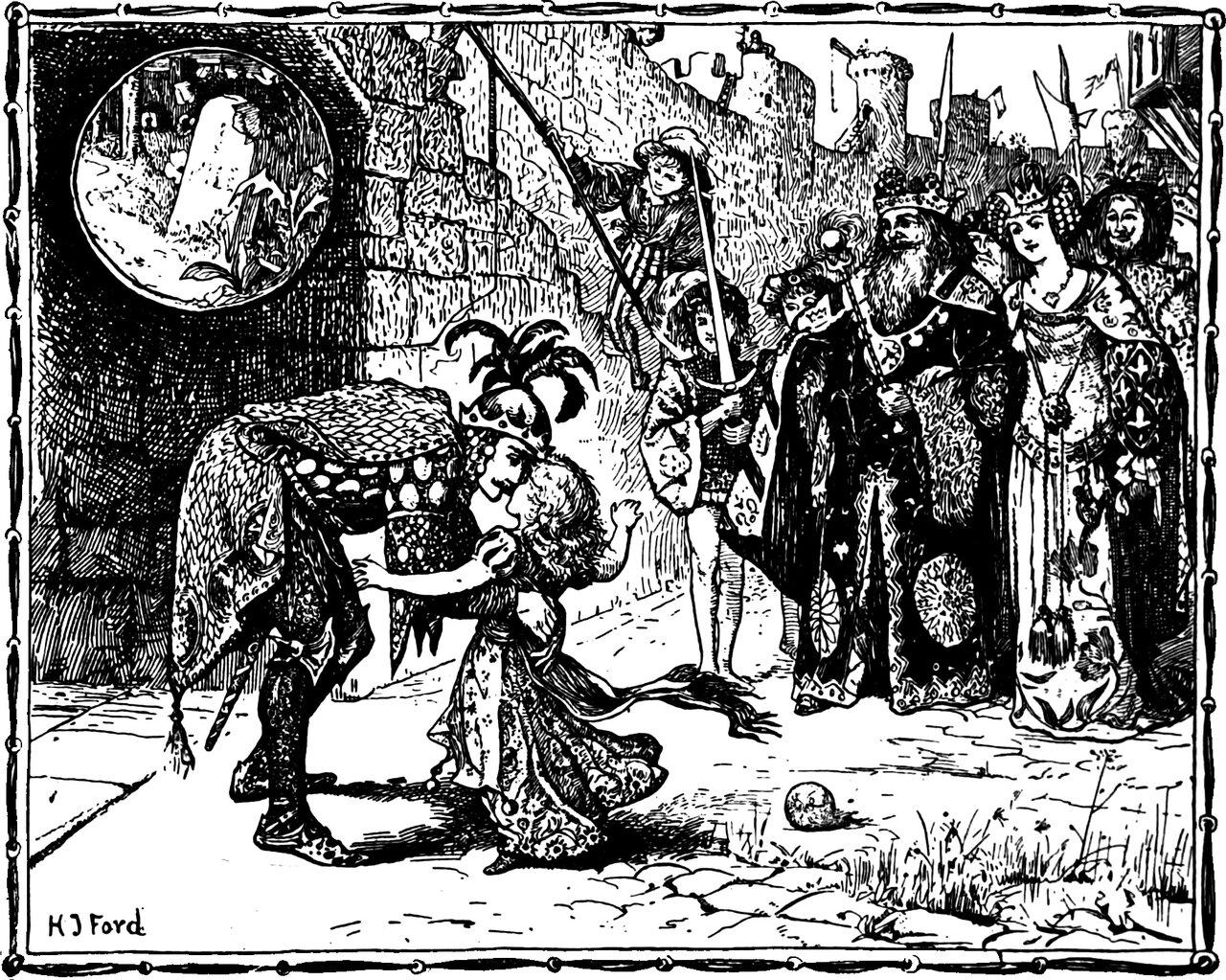 Prince Milan stoops in the roadway to kiss the fair-haired child who reaches up to him, watched by the crowned King and Queen of the town and their halberdiers before the city wall, with a roundel inset at the upper left holding a white wayside stone among thistles