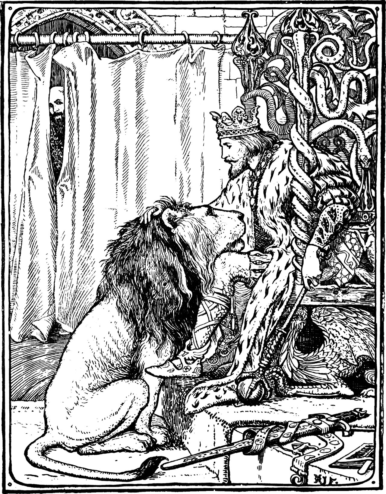 the Lion sits up at the foot of the throne and speaks to the crowned King, who leans forward with a hand in its mane, while a bearded servant listens from behind the curtain