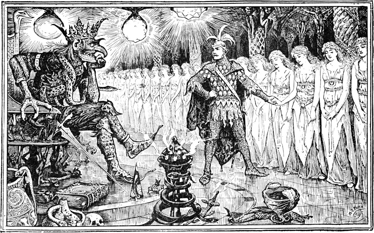 Prince Milan takes the Princess Hyacinthia by the hand out of the long row of identically robed sisters, while the horned and crowned Magician, clawed instead of handed, watches from his carved throne across a smoking brazier