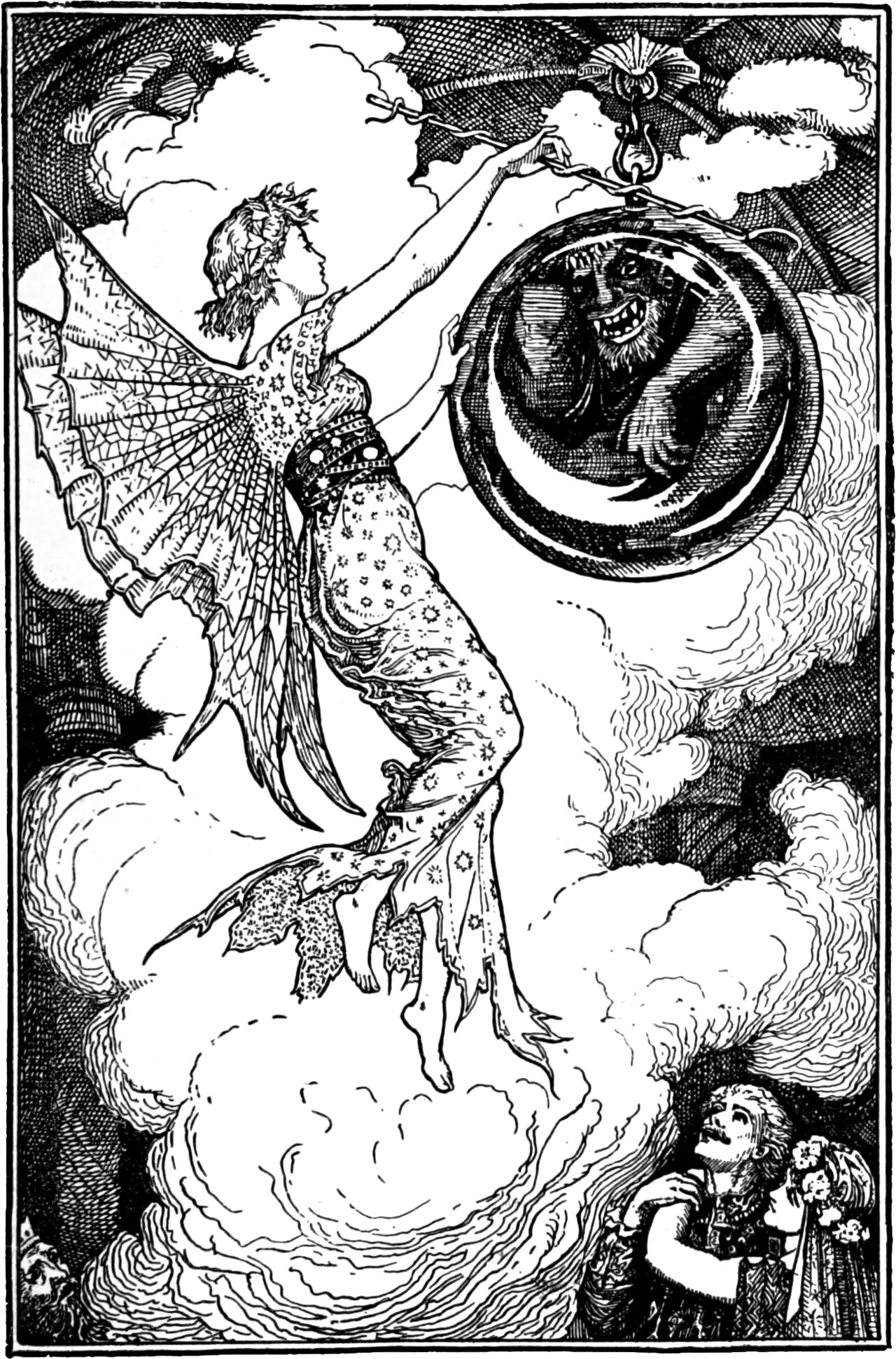 the winged Fairy Melinette, standing on a cloud, reaches up to hang the Enchanter Grumedan, shut snarling inside a great globe, on the hook of a rosette in the roof above, while two courtiers crane up at her from the corner below