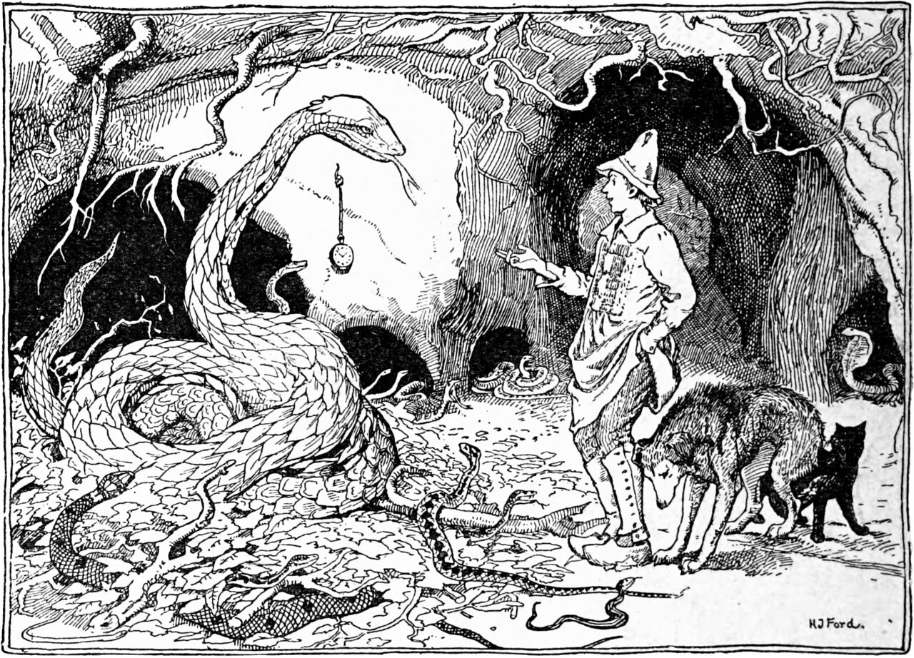 Jenik points to the watch hanging in the snake king's den, the great serpent reared above his coils and the dog and black cat at his heels