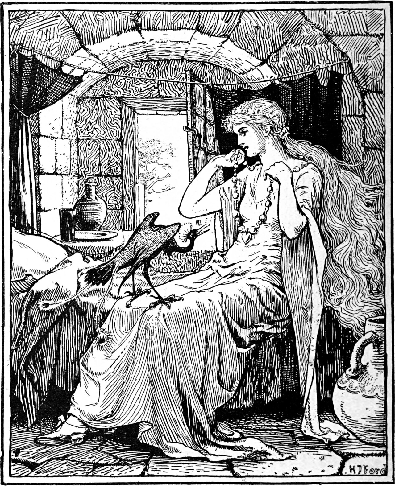 the Blue Bird stands on the bed in the tower chamber before Fiordelisa, who is decking herself in the pearls he has brought her