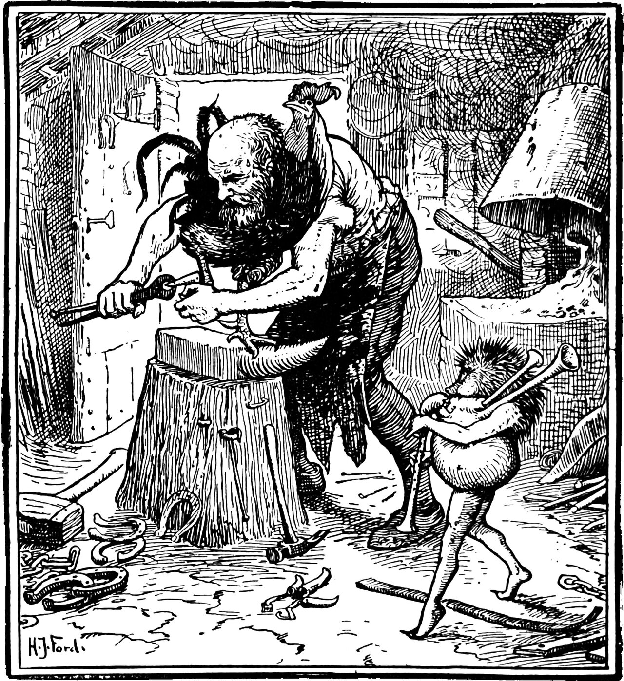 The bald bearded blacksmith holds the cock on his block and shoes its foot with the pincers while Jack my Hedgehog stands by playing his bagpipes