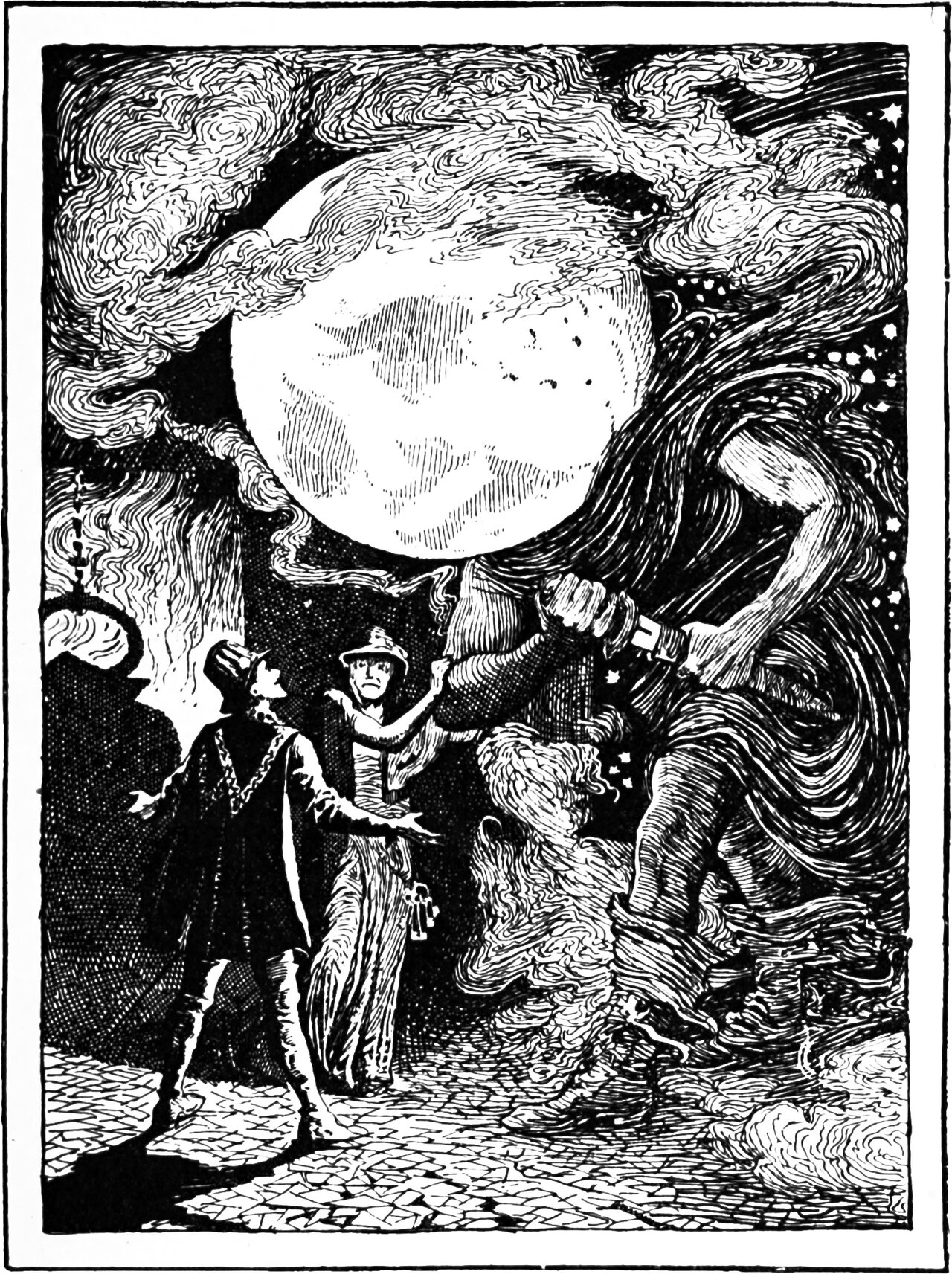 the little old woman presents the young traveller to her giant son the moon, who strides out of the swirling cloud with one fist raised beneath the full moon