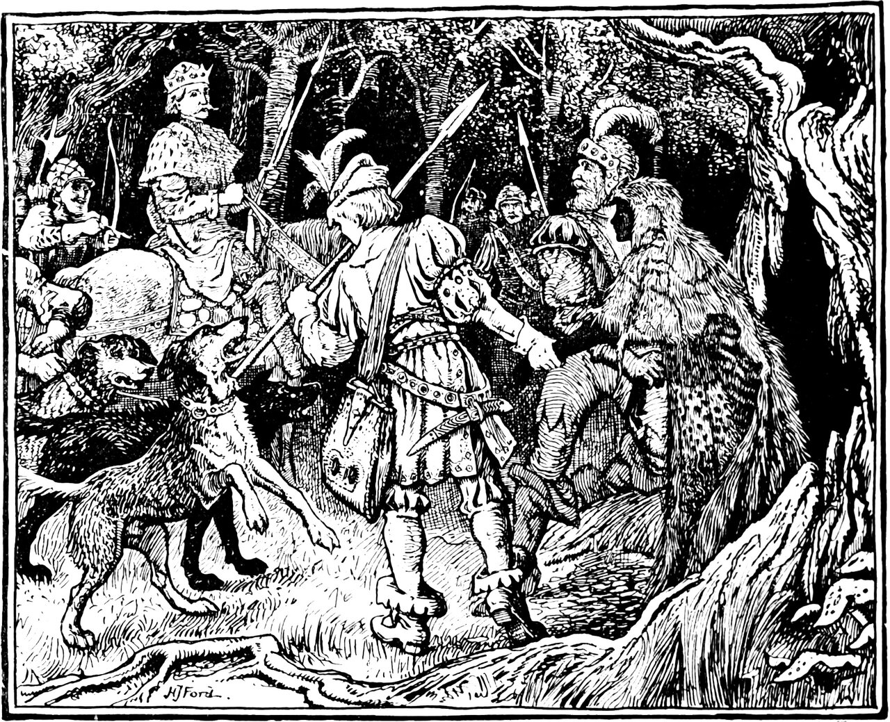 the King's huntsmen lay hands on the Many-furred Creature at the hollow tree while the crowned King and his hounds look on